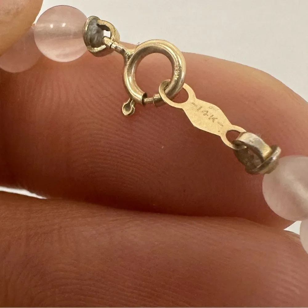 Vintage 14k Yellow Gold Pearl Rose Quartz Bead Ball Bracelet 7
